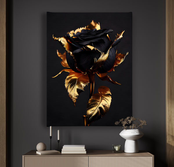 Canvas Wall Art -  Gold Metallic & Black Rose Flower Wall Poster