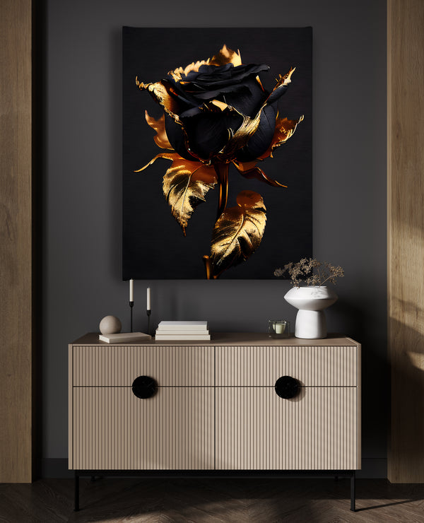 Canvas Wall Art, Gold Metallic & Black Rose Flower Wall Poster