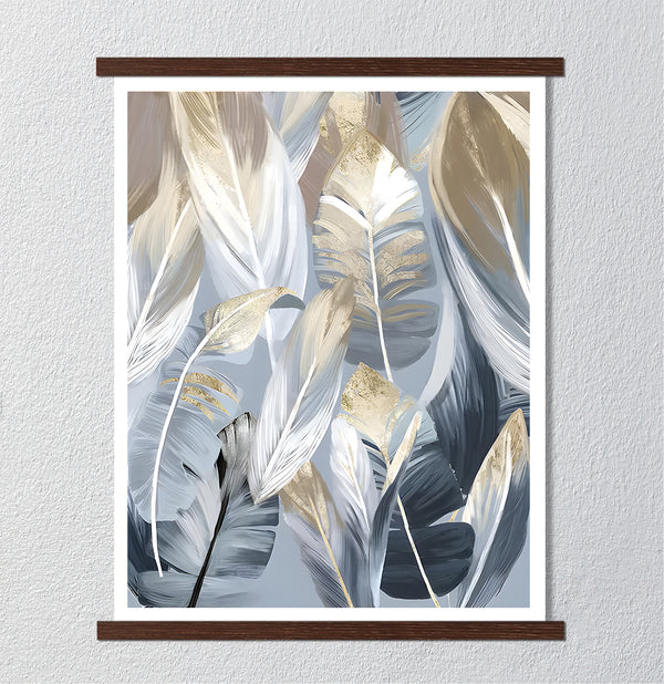 Canvas Fashion Wall Art, Gold & Blue Feathers, Glam Wall Poster