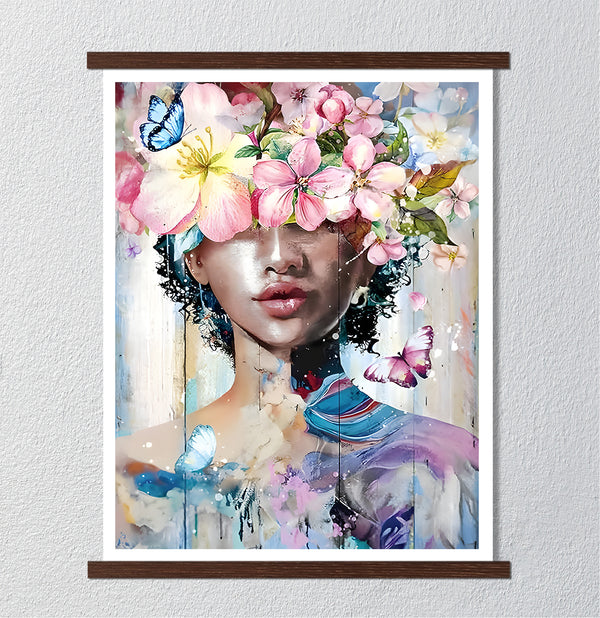 Canvas Fashion Wall Art, Flowers, Butterflies and Girl, Glam Wall Poster