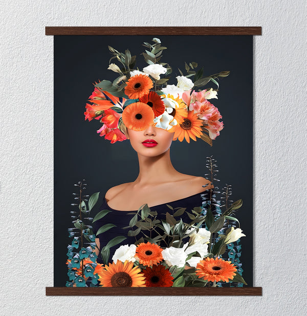 Canvas Fashion Wall Art, Abstract Lady with Flowers, Glam Wall Poster
