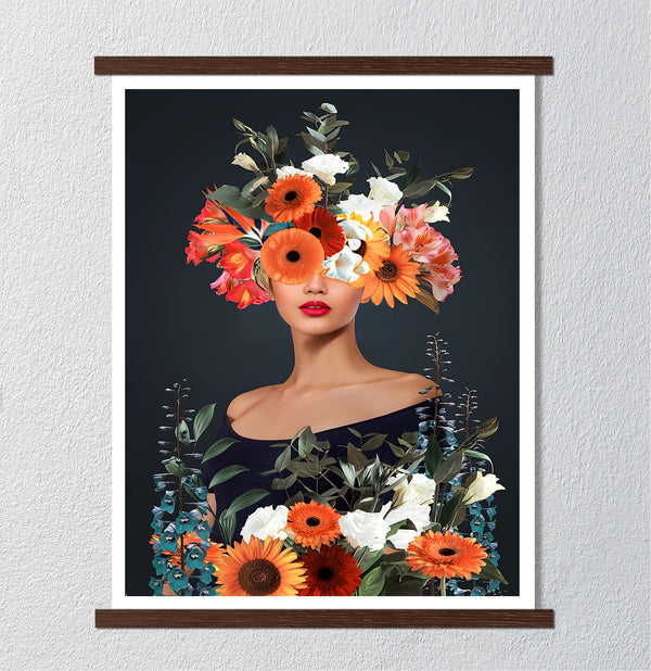 Canvas Fashion Wall Art, Abstract Lady with Flowers, Glam Wall Poster