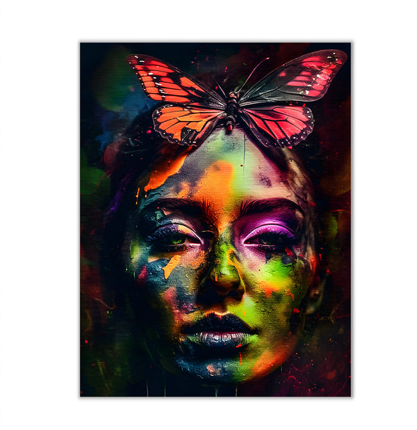 Canvas Fashion Wall Art, Colorful Girl with Butterfly, Glam Wall Poster