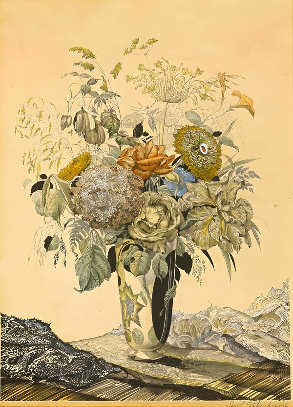 Canvas Wall Poster, Vintage Beige Flower Bouquet, Wall Art