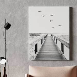 Canvas Wall Poster -  Black & White Wooden Bridge and Sea