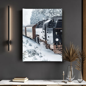 Canvas Wall Poster -  Old Locomotive and Snowy Winter 