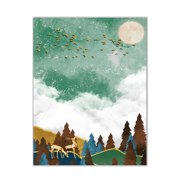 Canvas Wall Poster, Abstract Green Forest and Gold Deers, Wall Art