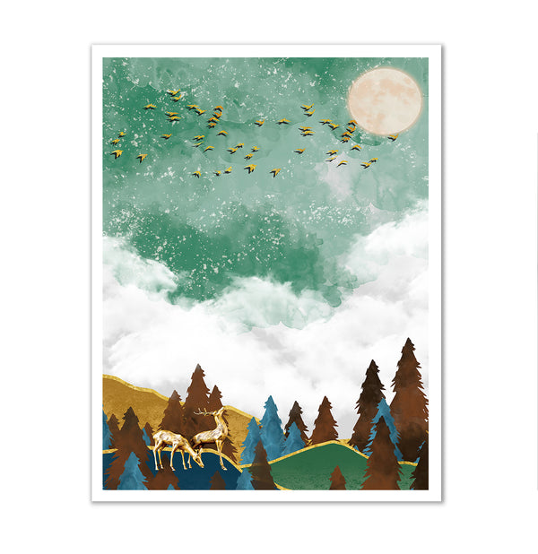 Canvas Wall Poster, Abstract Green Forest and Gold Deers, Wall Art