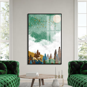 Wall Poster - Abstract Green Forest and Gold Deers 