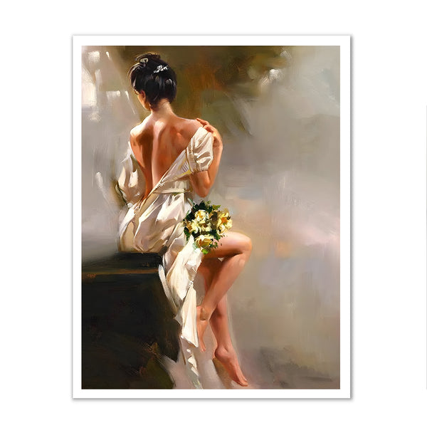 Canvas Wall Art, Oil Painted Girl with Beige Dress, Nude Wall Poster