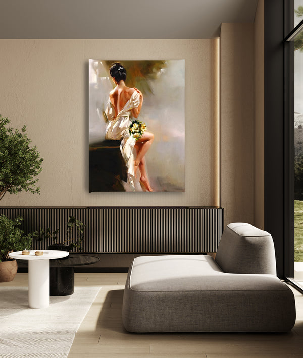 Canvas Wall Art, Oil Painted Girl with Beige Dress, Nude Wall Poster