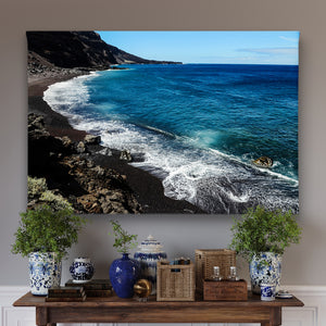 Canvas Wall Art - Black Beach & Deep Blue Ocean