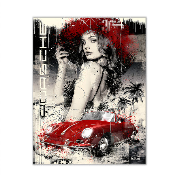 Canvas Wall Art, Woman & Retro Red Porsche Car, Wall Poster