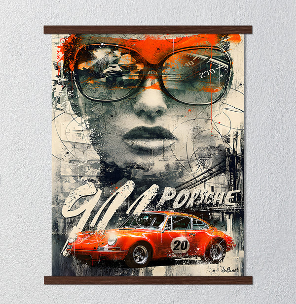 Canvas Wall Art, Girl & Retro Porsche Car, Wall Poster