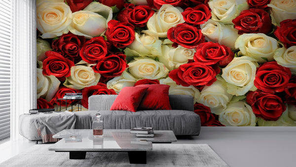 Flower Wallpaper, Non Woven, Red & White Rose Bouquet Wallpaper, Flowers Wall Mural