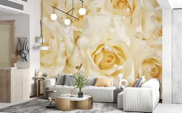 Flower Wallpaper, Non Woven, White Ivery Floral Bouquet Wallpaper, Rose Flowers Wall Mural