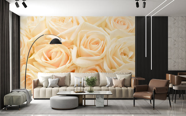 Flower Wallpaper, Non Woven, Pale Orange Rose Flowers Wallpaper, Floral Wall Mural