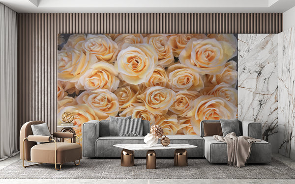 Flower Wallpaper, Non Woven, Orange Rose Flowers Wallpaper, Floral Bouquet Wall Mural