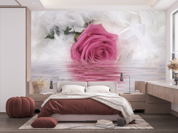 Flower Wallpaper, Non Woven, Pink Rose Flower Wallpaper, White Feathers Wall Mural