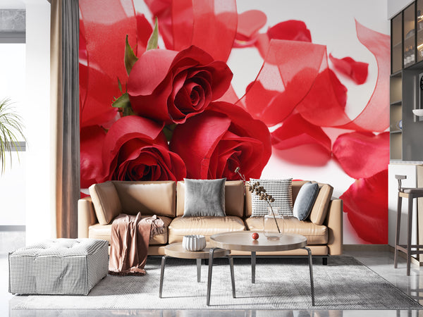 Flower Wallpaper, Non Woven, Red Rose Flowers Wallpaper, Red Heart Wall Mural