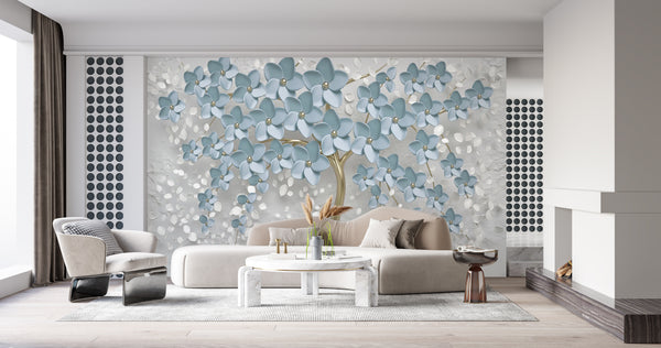 Fantasy Wallpaper, Non Woven, Blue Flower Tree Wallpaper, Gold Tree Wall Mural