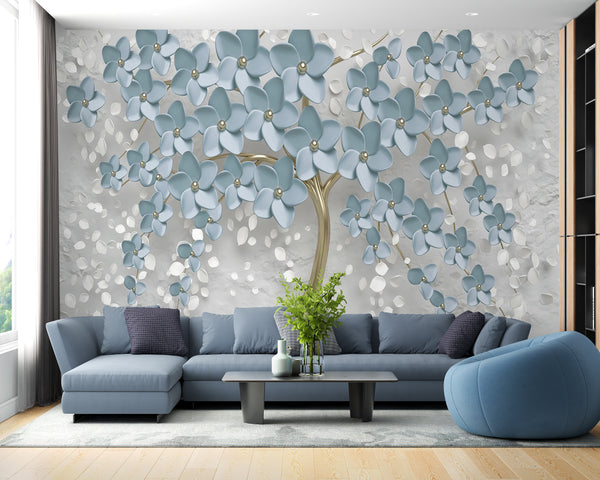Wall Mural Fantasy | Blue Flower Tree Wallpaper