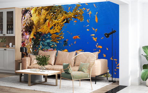 Seascape Wallpaper Mural, Reef Sea, Underwater life Wallpaper, Non Woven, Colorful Fishes Wall Mural