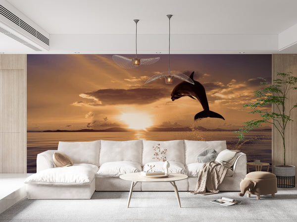 Sea Wallpaper Mural, Sunset Ocean, Dolphin Fish Wallpaper, Non Woven, Nature Wall Mural