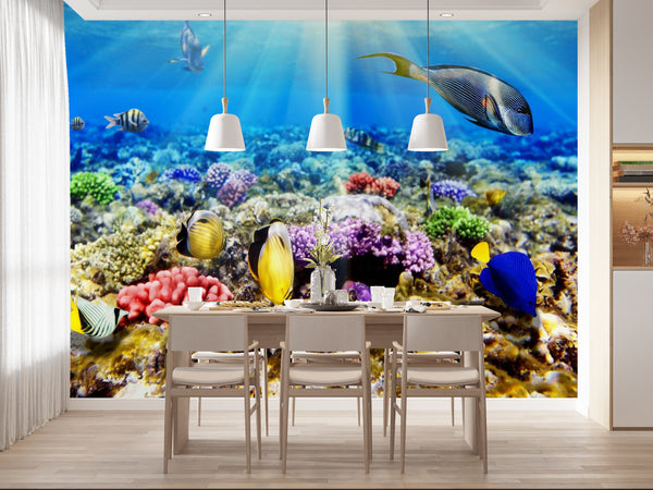 Ocean & Sea Wallpaper Mural, Underwater World, Colorful Fishes Wallpaper, Non Woven, Nature Wall Mural