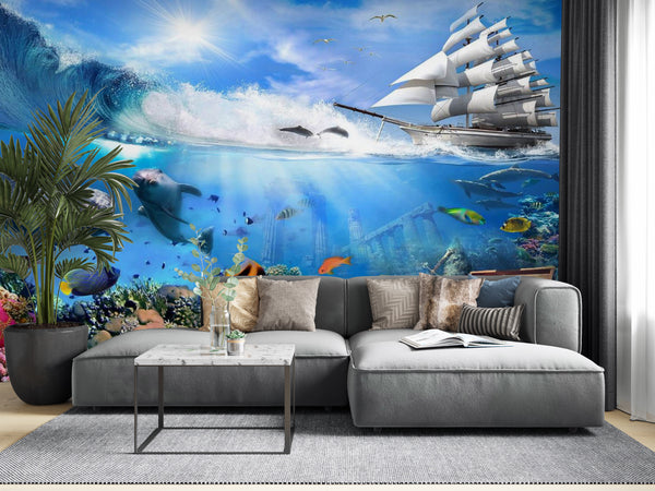 Ocean & Sea Wallpaper Mural, Sealife, Colorful Fishes, Wallpaper, Non Woven, Pirate ship, Ocean Wall Mural