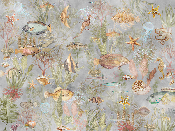Seascape Wallpaper Mural, Sea Fishes Wallpaper, Non Woven, Underwater Life Wall Mural