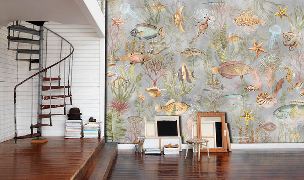 Seascape Wallpaper Mural, Sea Fishes Wallpaper, Non Woven, Underwater Life Wall Mural