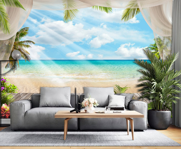 Seascape Wallpaper Mural, Tropical Sea View Wallpaper, Non Woven, Palm Trees Wall Mural