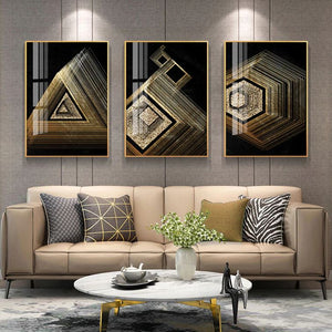  Set of 3 Prints - Gold & Black Geometry Wall Art Triptych
