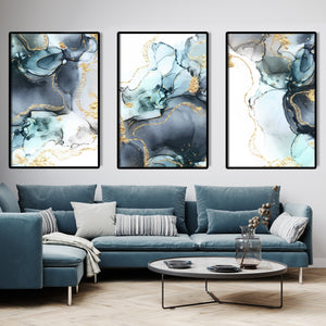  Set of 3 Prints - Blue,  Grey & Gold Abstract Fluid Art 