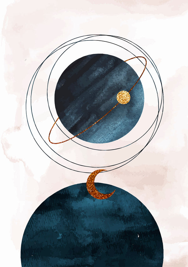 Abstract Planets & Moon Double Wall Art, Set of 2 Prints