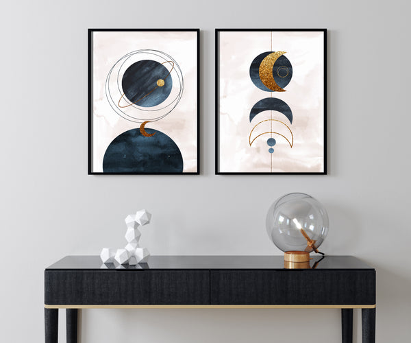 Abstract Planets & Moon Double Wall Art, Set of 2 Prints