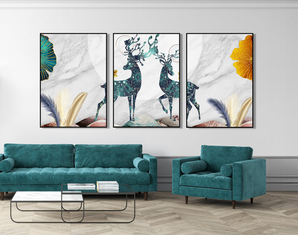  Set of 3 Prints - Abstract Reindeer Animal & Gold Feathers Wall Art Triptych