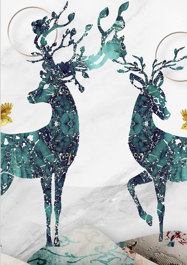 Abstract Reindeer Animal & Gold Feathers Wall Art Triptych, Set of 3 Prints