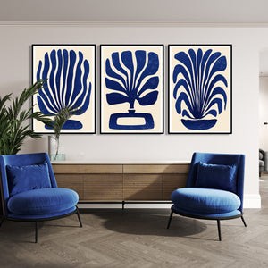  Set of 3 Prints - Blue Vintage Lines Wall Art Triptych