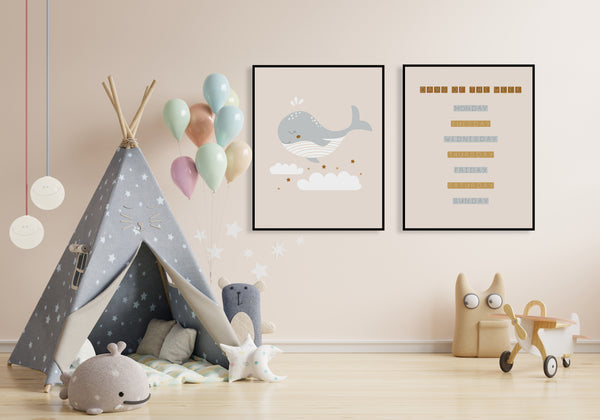 A Whale & Week Days Double Wall Art for Kids, Set of 2 Prints