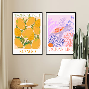  Set of 2 Prints - Tropical Fruits & Ocean Life Double Wall Art