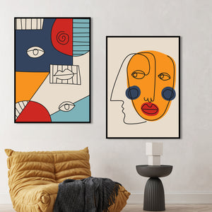  Set of 2 Prints - Colorful Surrealistic Faces Line Art Double Wall Art