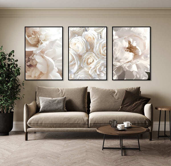White Flowers Triptych, Set of 3 Prints
