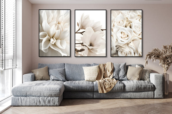 White Large Flowers Triptych, Set of 3 Prints