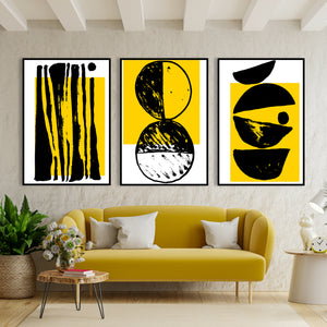  Set of 3 Prints - Black & Yellow Abstract Geometry Triptych