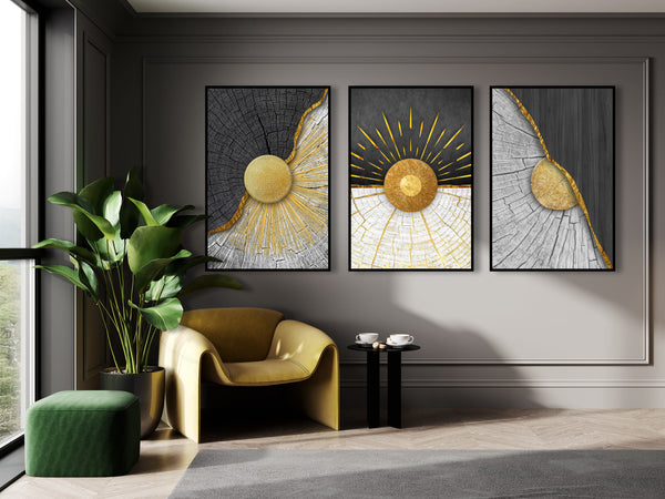 Gold Abstract Wooden Texture Triptych, Set of 3 Prints