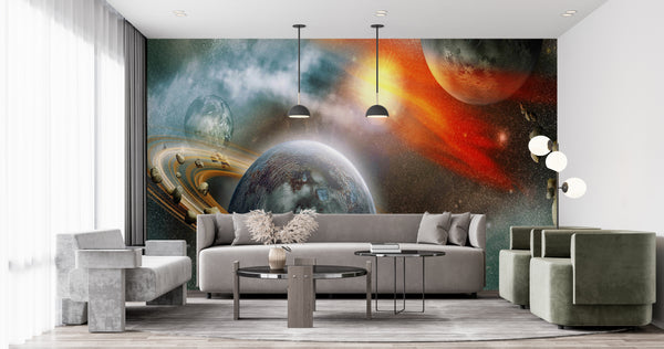 Space Wall Murals, Cosmic Space Wallpaper, Non Woven, Saturn Planet in the Galaxy Wallpaper, A Row Asteroid Rain Wall Mural
