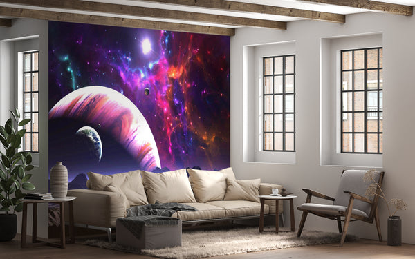 Space Wall Murals, Cosmic Space Wallpaper, Non Woven, Planetscape Wallpaper, Purple Galaxy with Stars and Galaxy Wall Mural