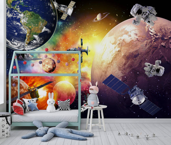 Space Wall Murals, Cosmic Space Wallpaper, Non Woven, Planets, Satellites and Astronaut Wallpaper, Galaxy and Sun Wall Mural